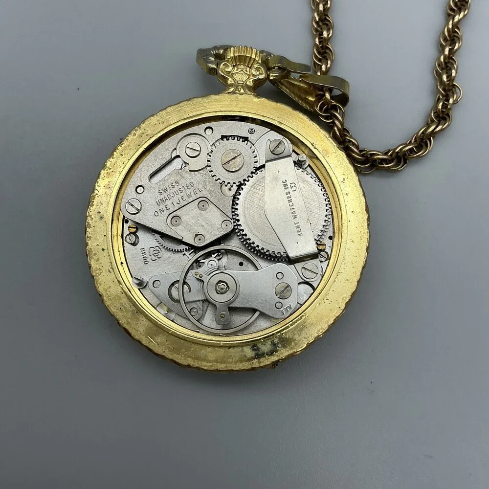 Vintage Bonnard Pocket Watch Women 35mm Gold Tone Full Hunter Chain Manual Wind